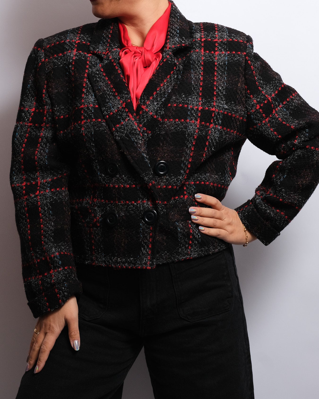 Blazer Vintage en Laine – Motif Carreaux Rouge & Noir – Années 70