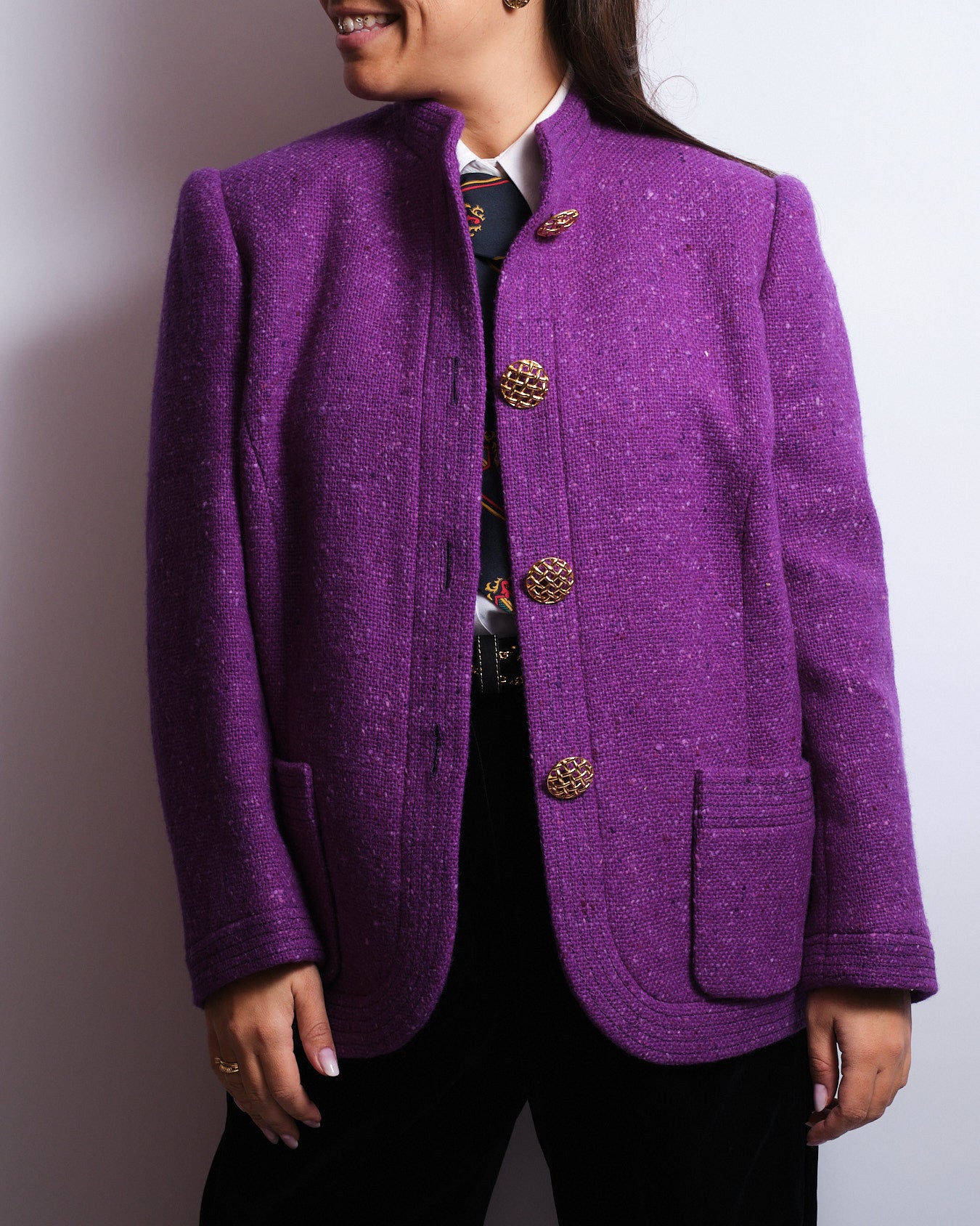Veste en laine violette – Boutons dorés tressés – Années 80