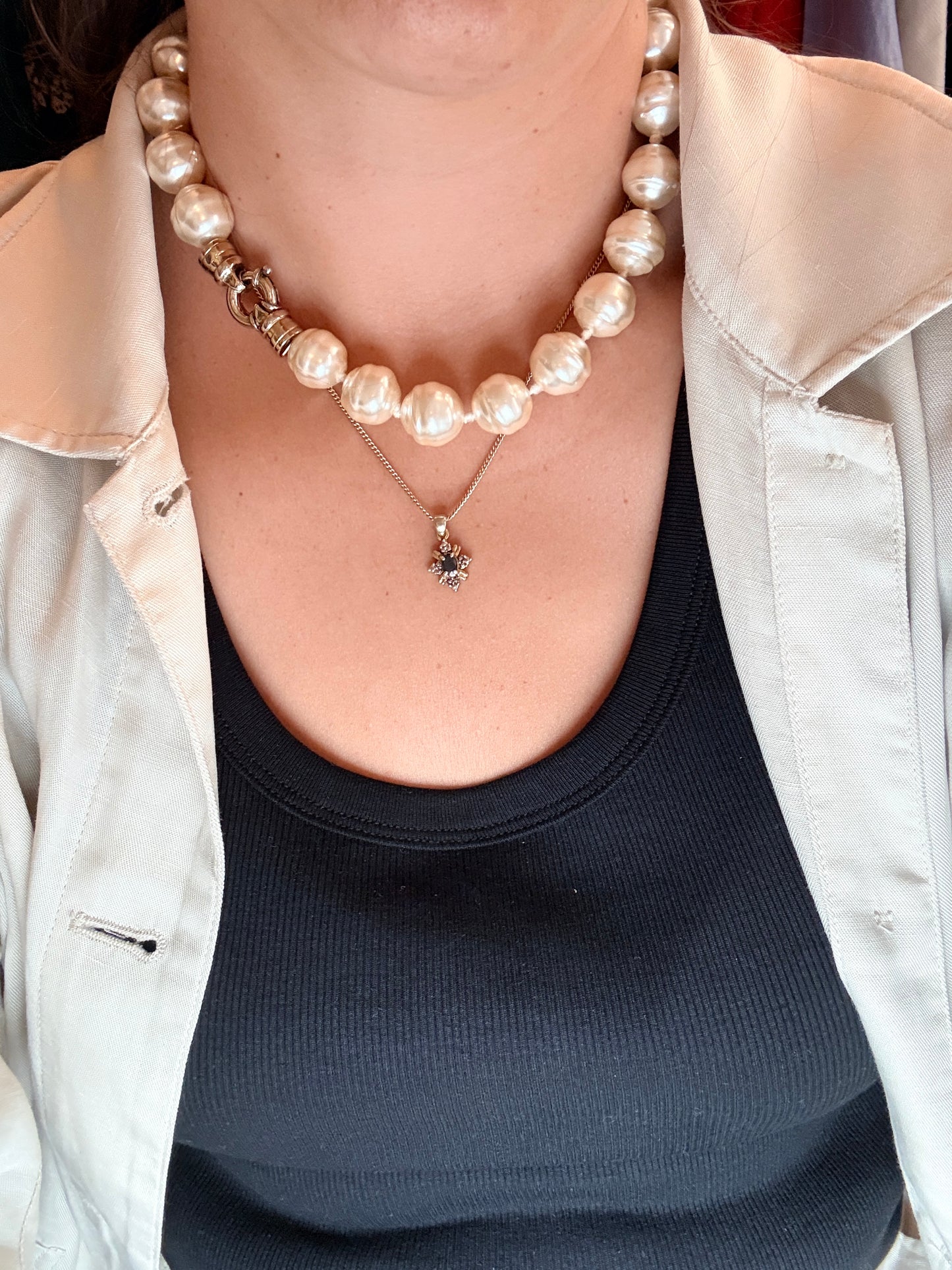 Collier ras de cou vintage à grosses perles nacrées argent 925