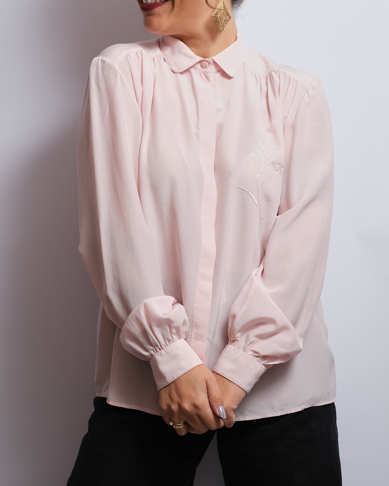 FUZZI Italian silk shirt – Powder pink, delicate embroidery, 1980s/90s