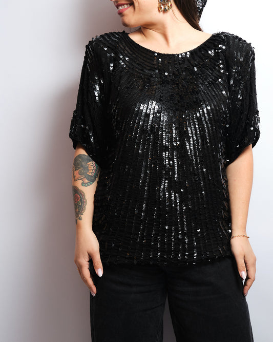 Top vintage en sequins sur soie 70s – noir intense, pièce soirée iconique