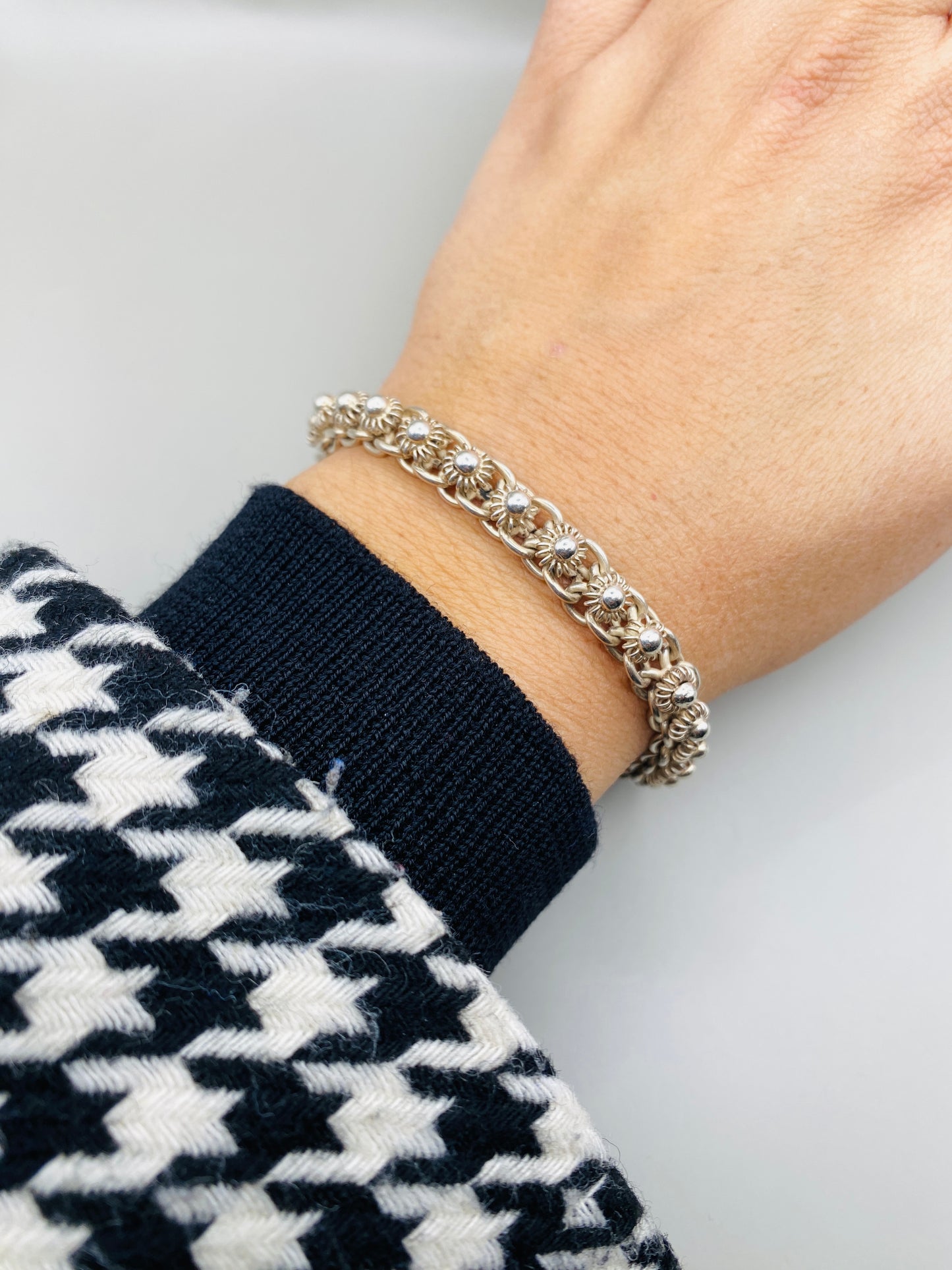 Bracelet vintage en argent 925 à maille décorative – fermoir crochet