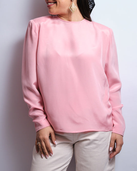 Chemisier vintage en soie – rose, lavallière amovible, pièce artisanale faite main