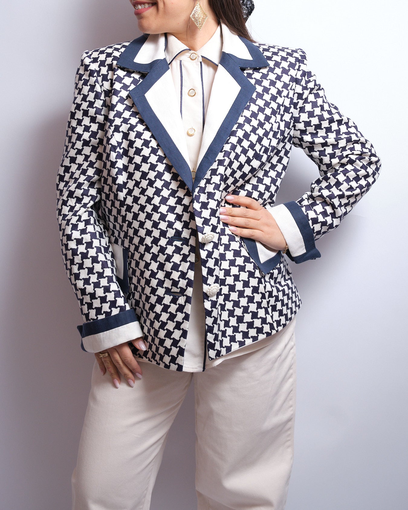 Blazer vintage motif pied-de-poule – fin 80s / début 90s fait main
