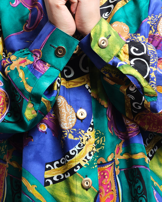 Chemisier vintage en soie – imprimé baroque vibrant & allure couture