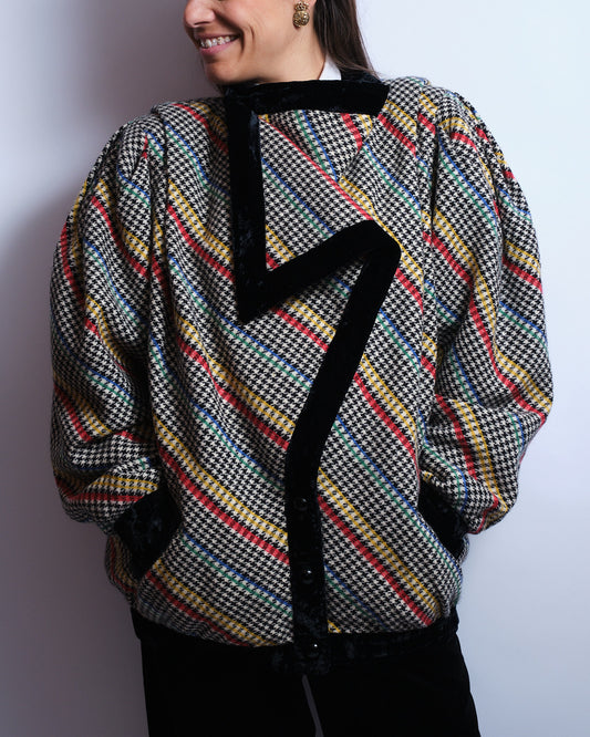 Manteau oversize à motif multicolore – Velours noir – Création artisanale des années 80