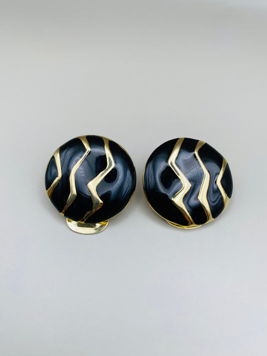 Clips Vintage ronds dorés émaillés noir
