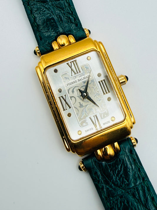 Montre vintage Pierre Balmain Swiss Made – cadran Art déco et bracelet façon crocodile vert