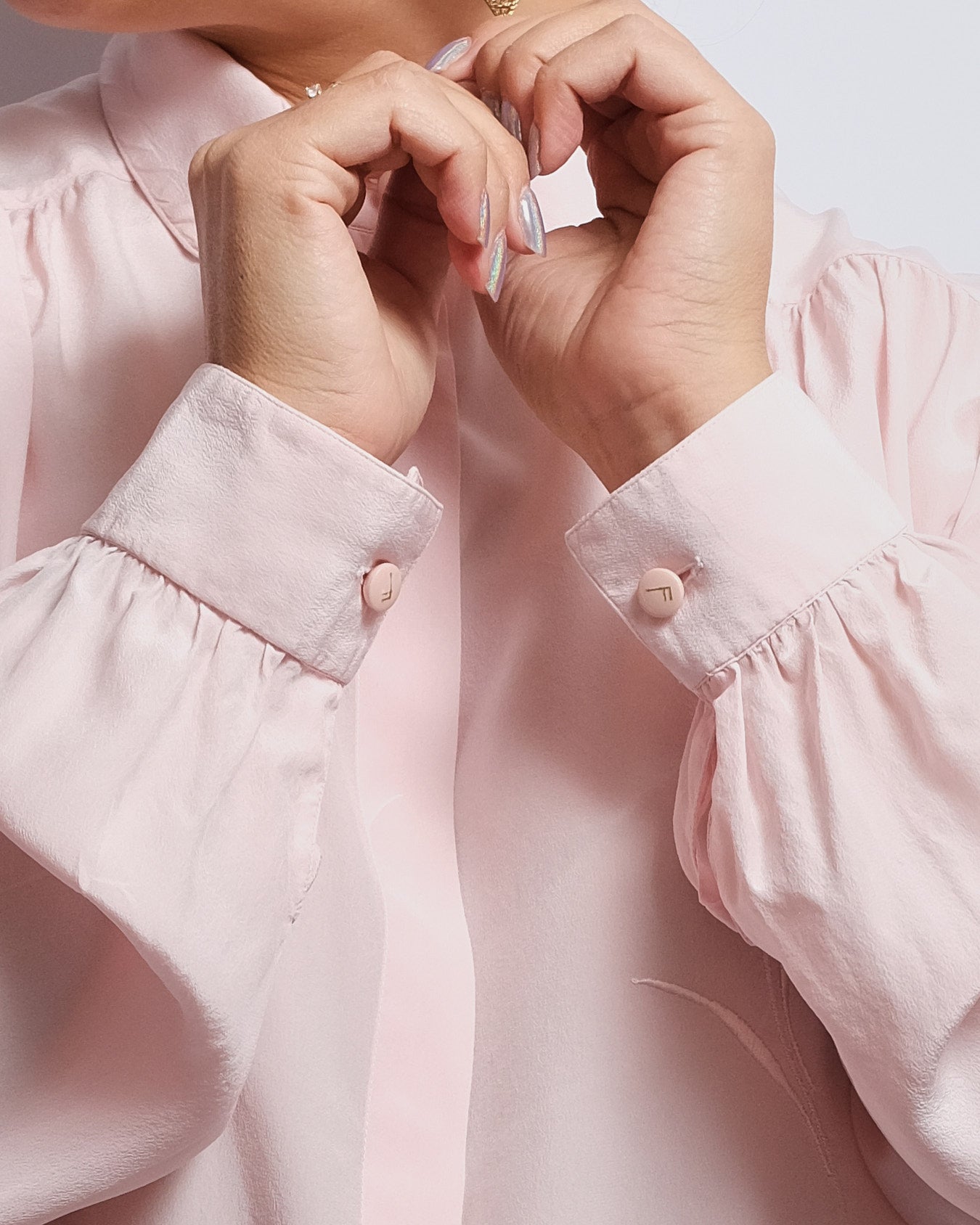 FUZZI Italian silk shirt – Powder pink, delicate embroidery, 1980s/90s