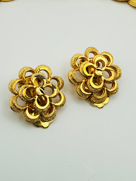 Parure vintage collier et clips dorés texturés