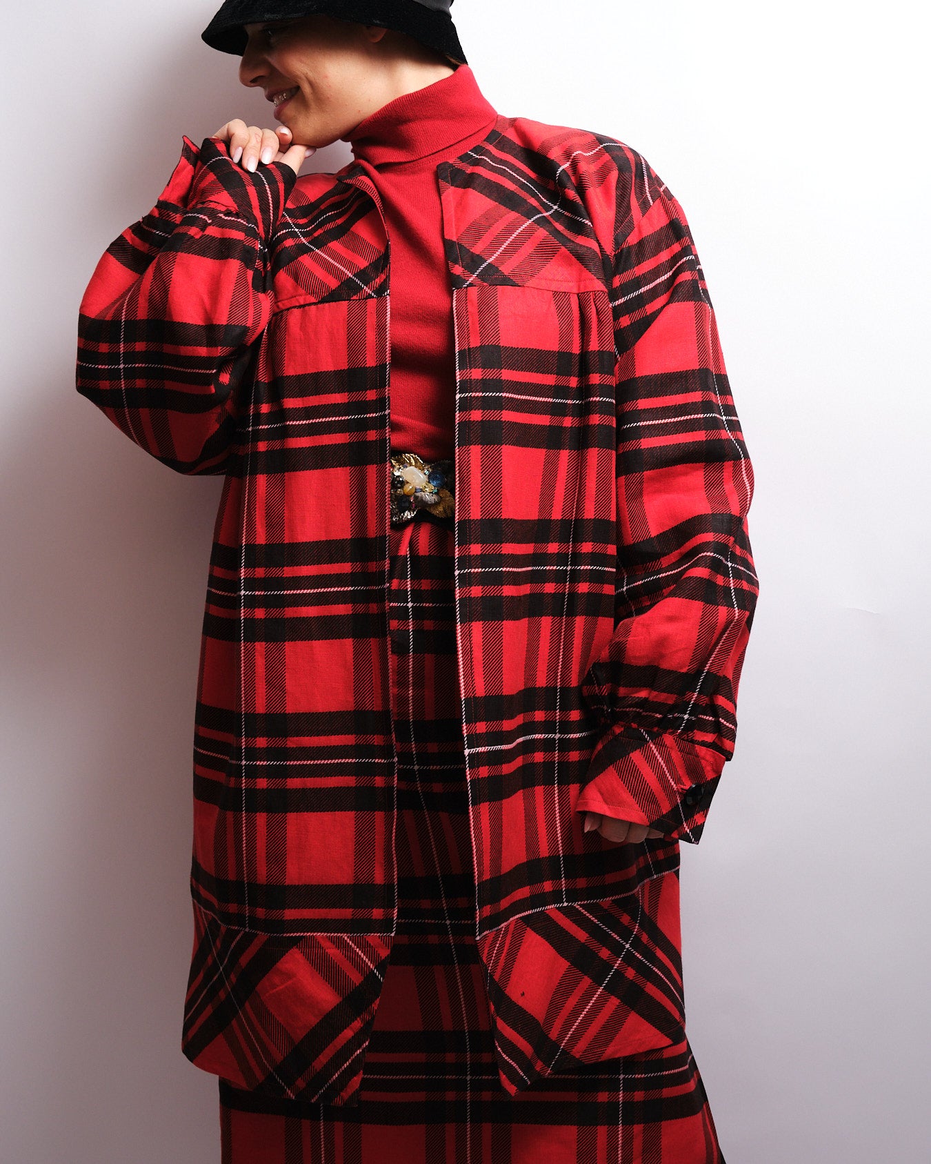 Tailleur jupe vintage tartan rouge – fait main, années 80 / 90