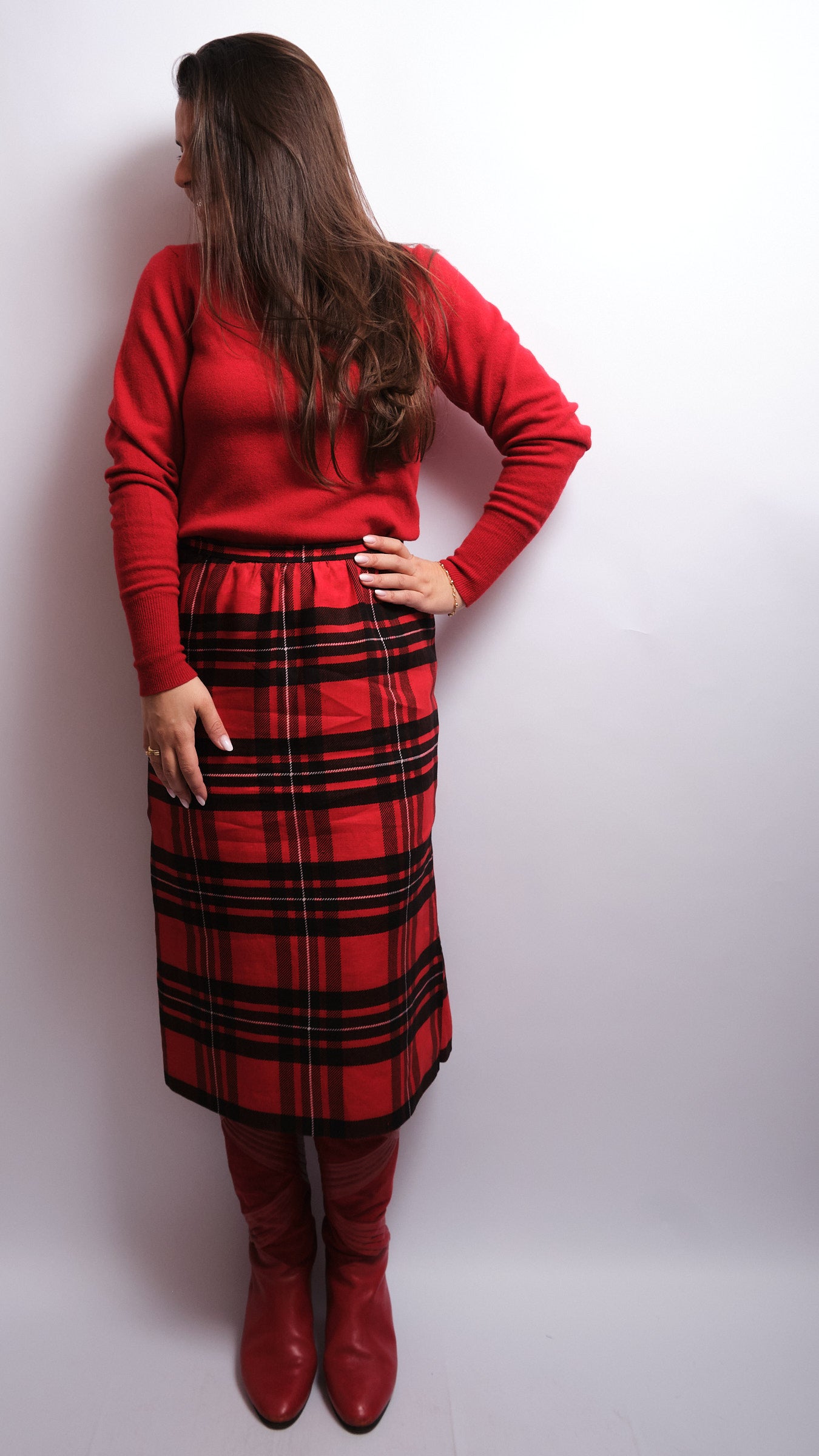 Tailleur jupe vintage tartan rouge – fait main, années 80 / 90
