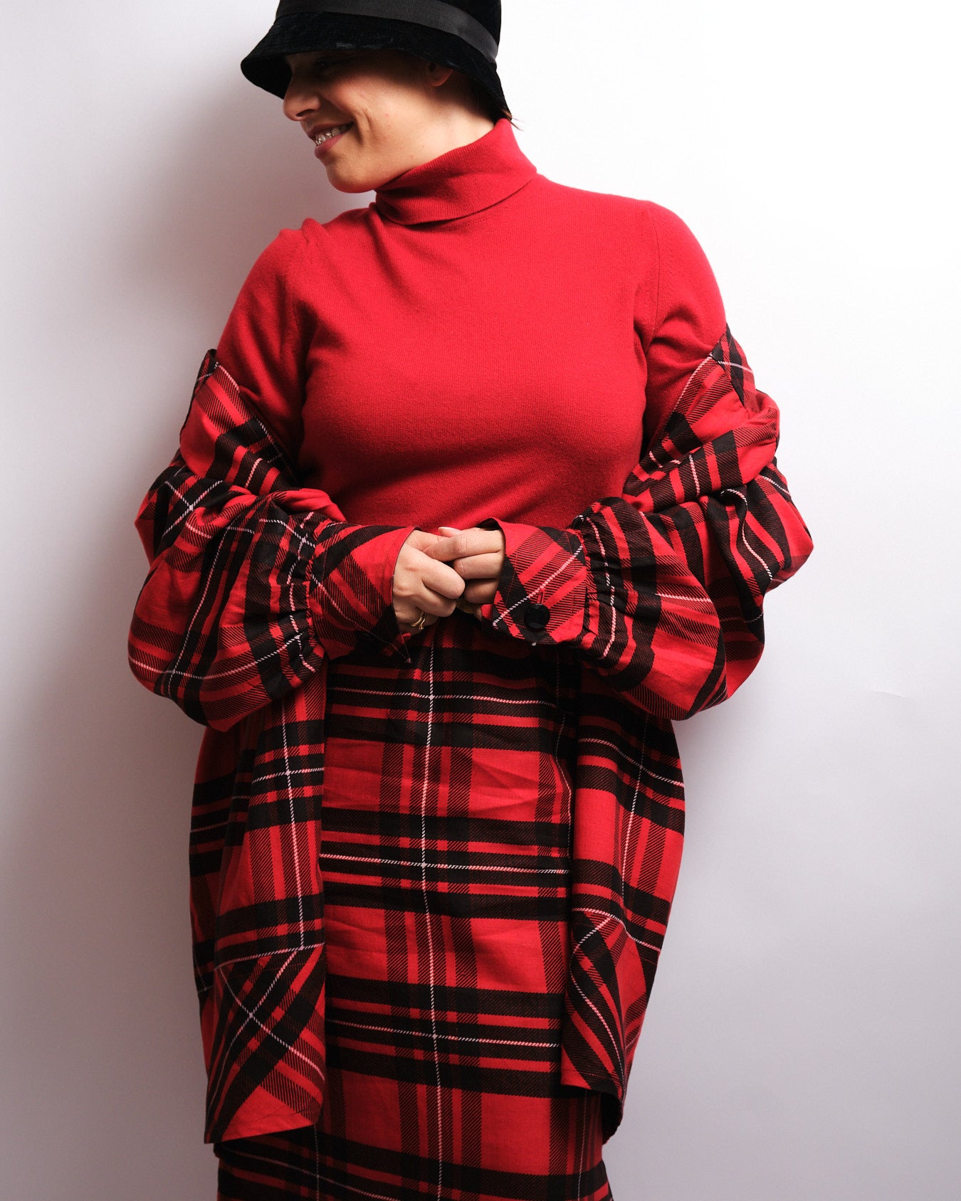 Tailleur jupe vintage tartan rouge – fait main, années 80 / 90