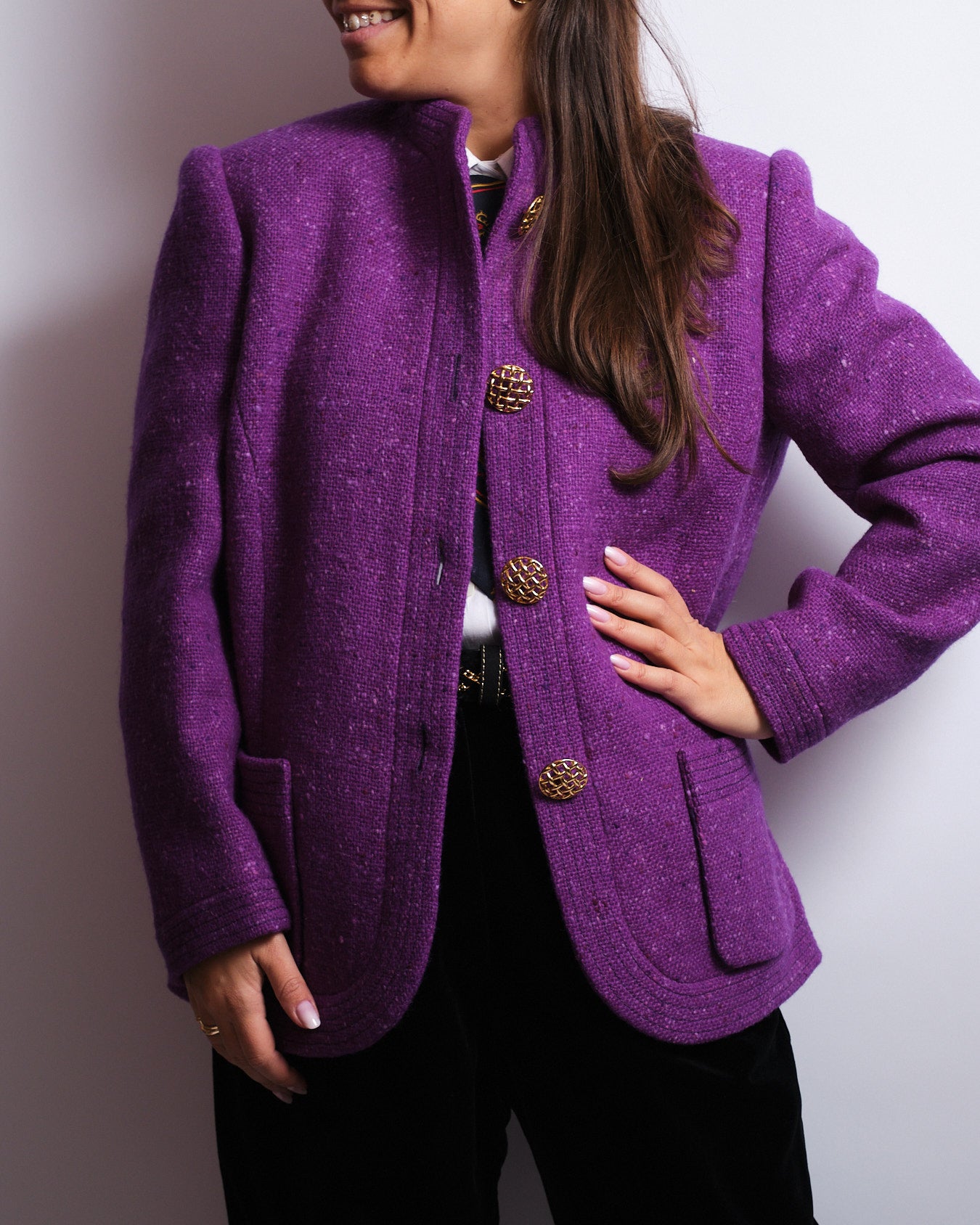 Veste en laine violette – Boutons dorés tressés – Années 80