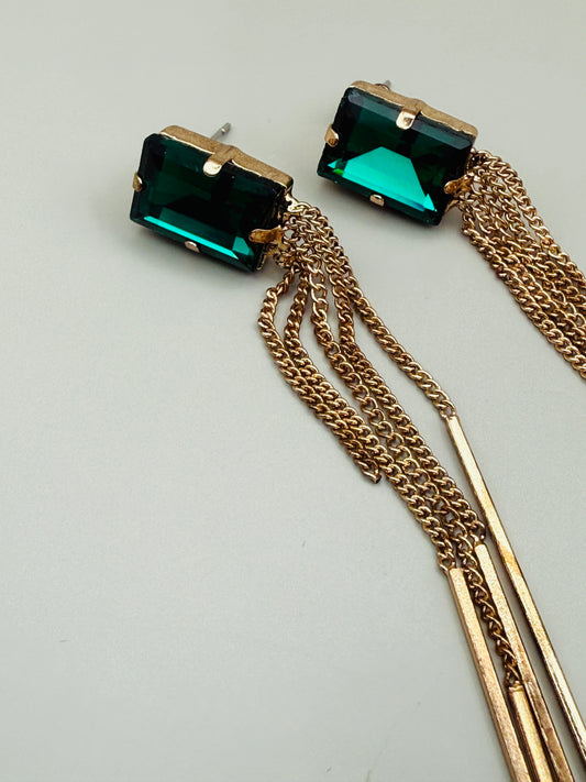 Boucles d’oreilles vintage pendantes – cabochon vert émeraude