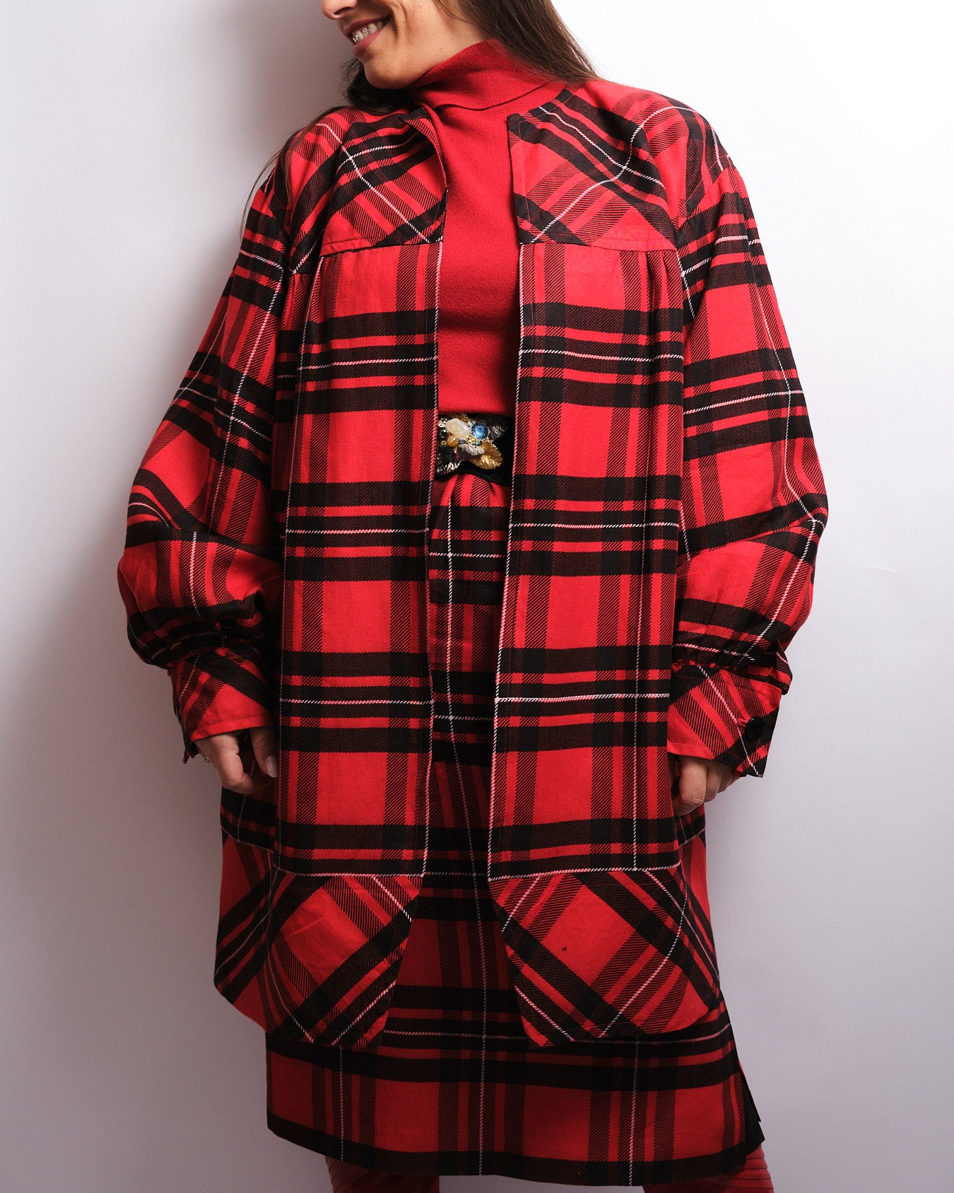 Tailleur jupe vintage tartan rouge – fait main, années 80 / 90