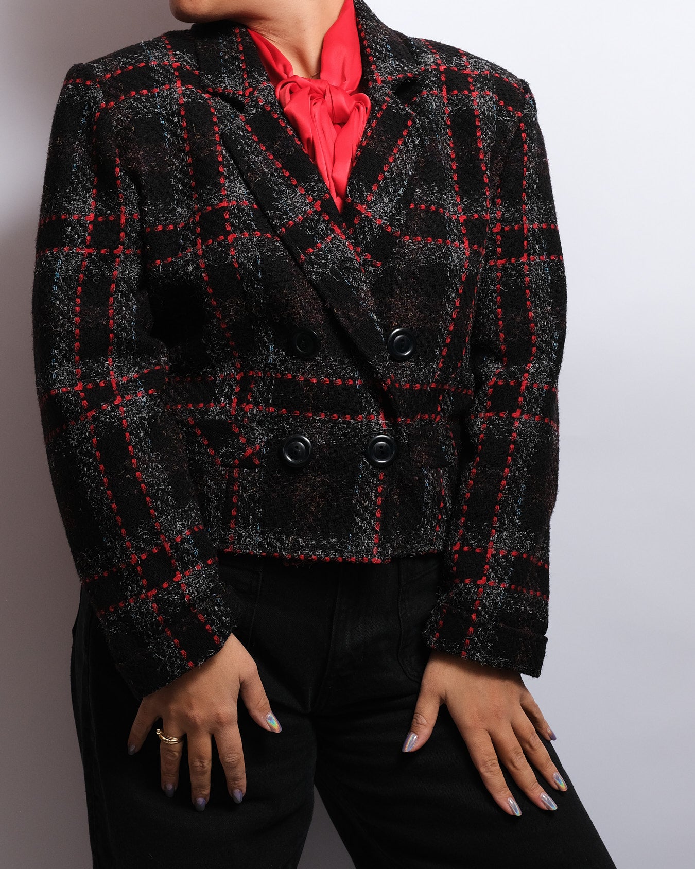 Blazer Vintage en Laine – Motif Carreaux Rouge & Noir – Années 70