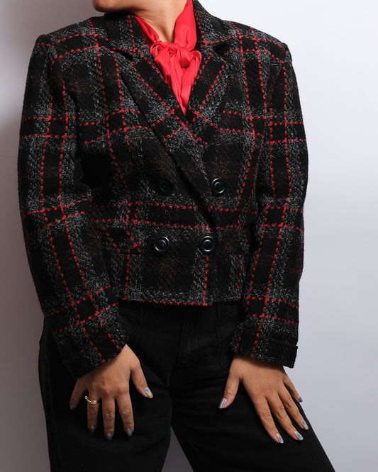 Blazer Vintage en Laine – Motif Carreaux Rouge & Noir – Années 70