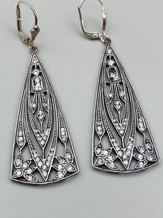 Boucles d’oreilles Art déco en argent 925 – Motifs ajourés & pierres blanches