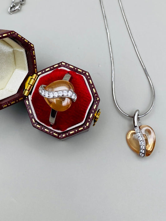 Ensemble bague & collier vintage – Argent 925 et pierre synthétique ambrée