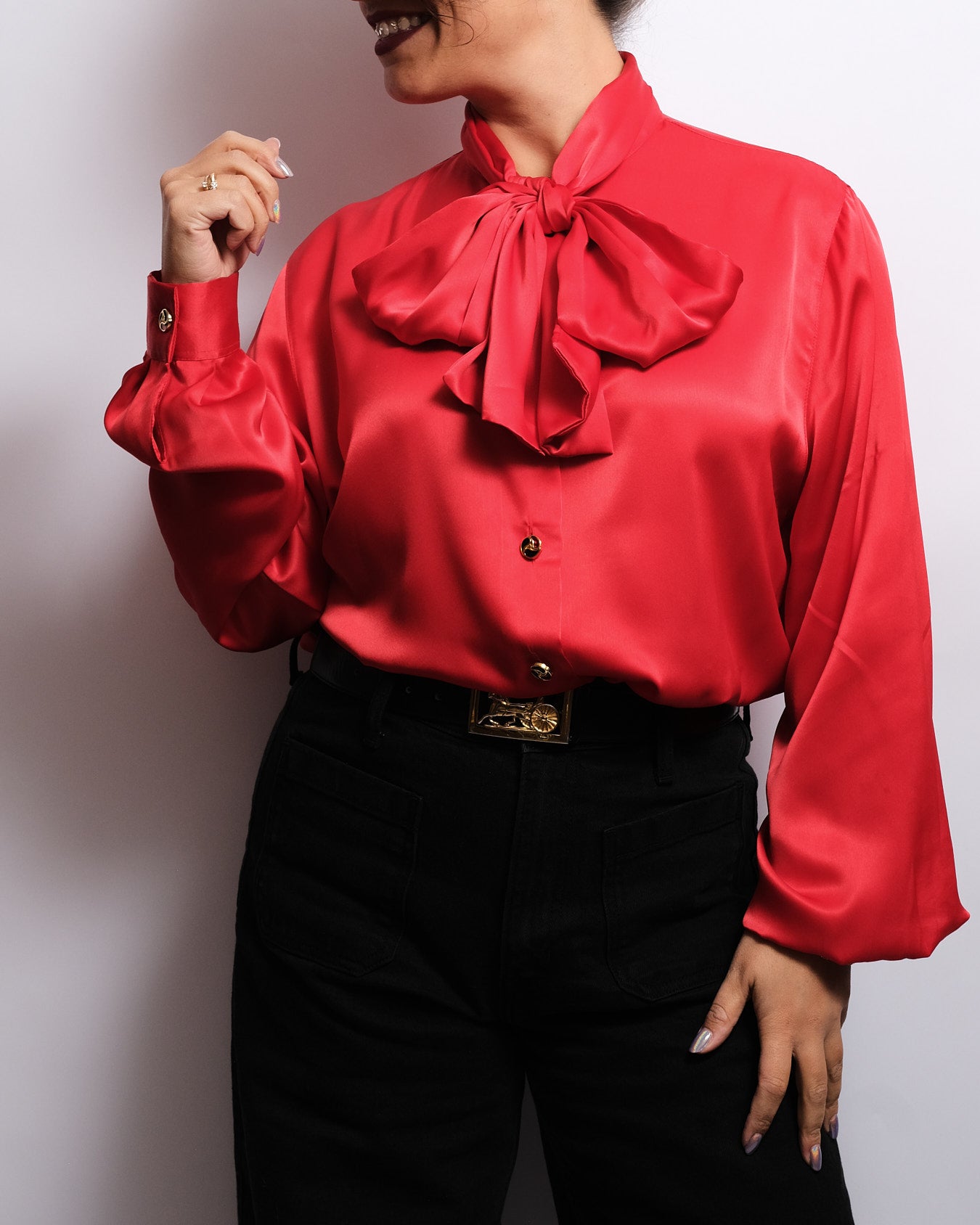 Chemisier Vintage Rouge  – Nœud Lavallière – Années 80