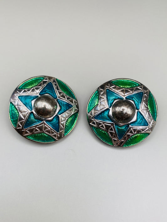 Clips Vintage ronds argentés émaillés vert et bleu étoile
