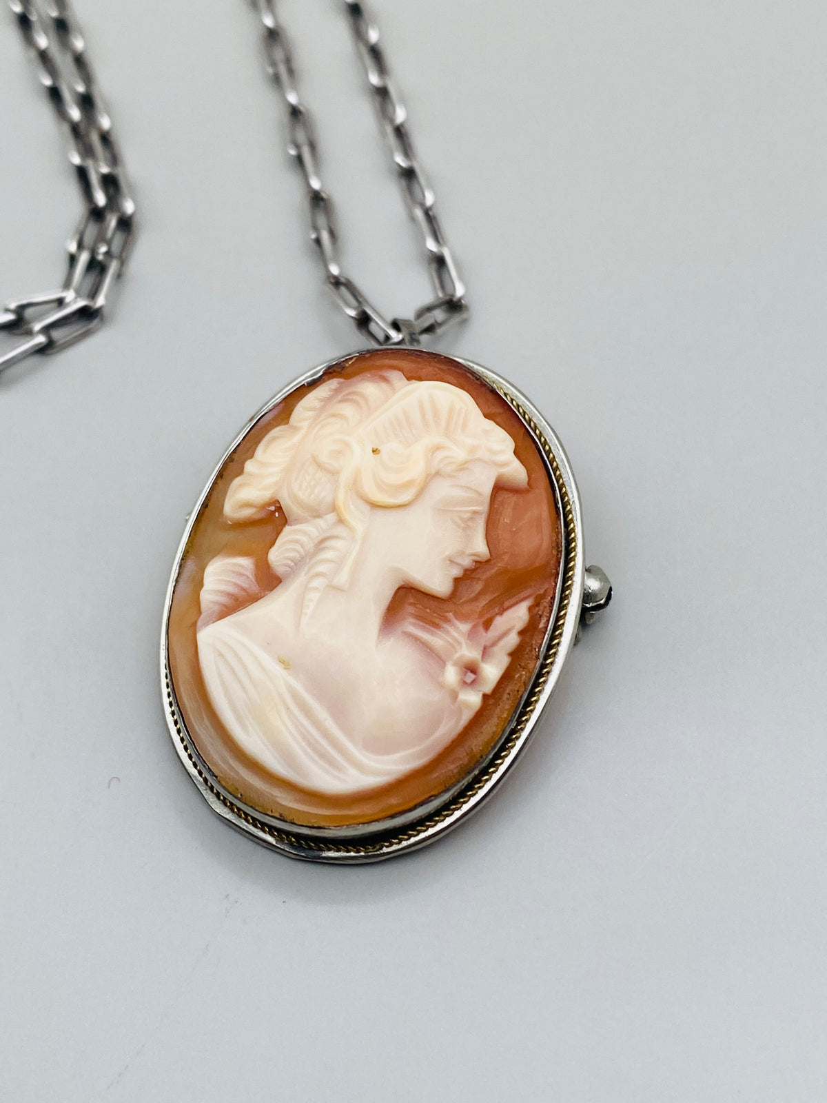Broche Et Pendentif Vintage En Argent 800 Avec Marcassites Et Camée Coquillage - Bon état, Sans Marque