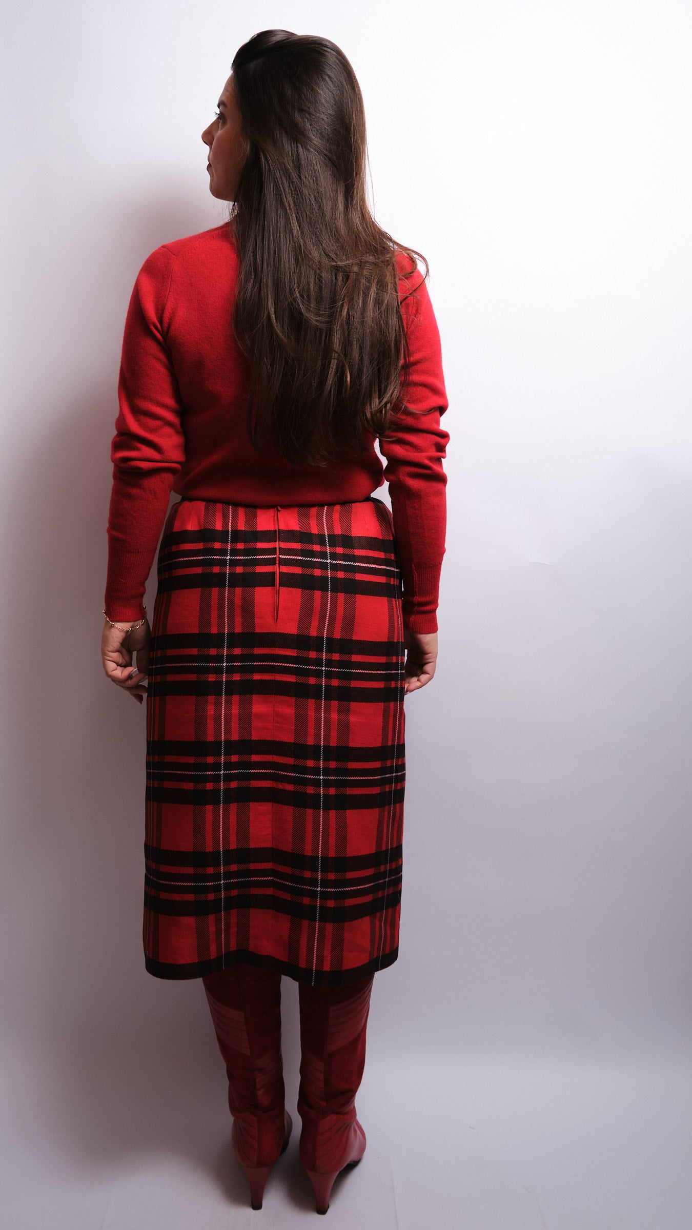 Tailleur jupe vintage tartan rouge – fait main, années 80 / 90