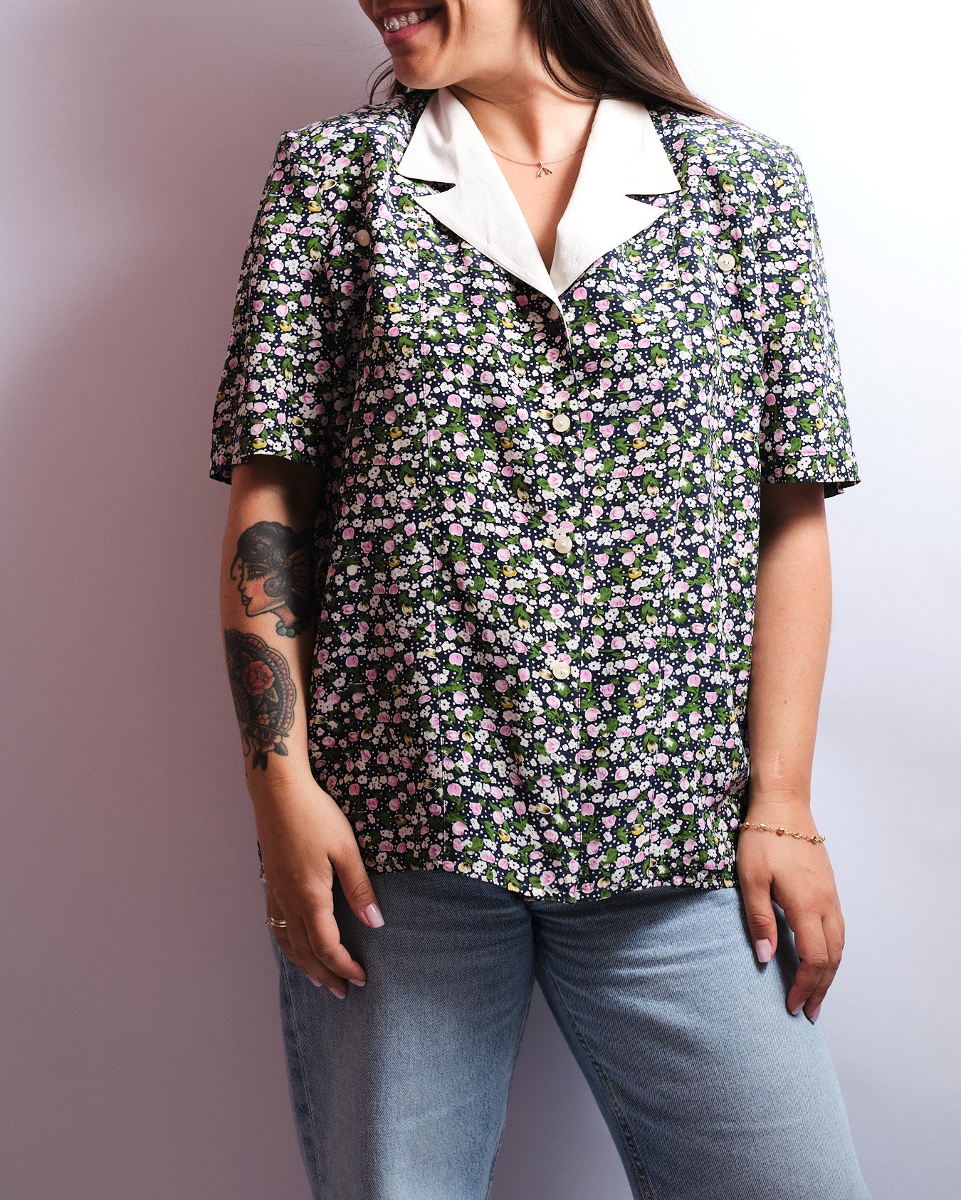 Chemisier vintage en pure soie — imprimé floral années 70