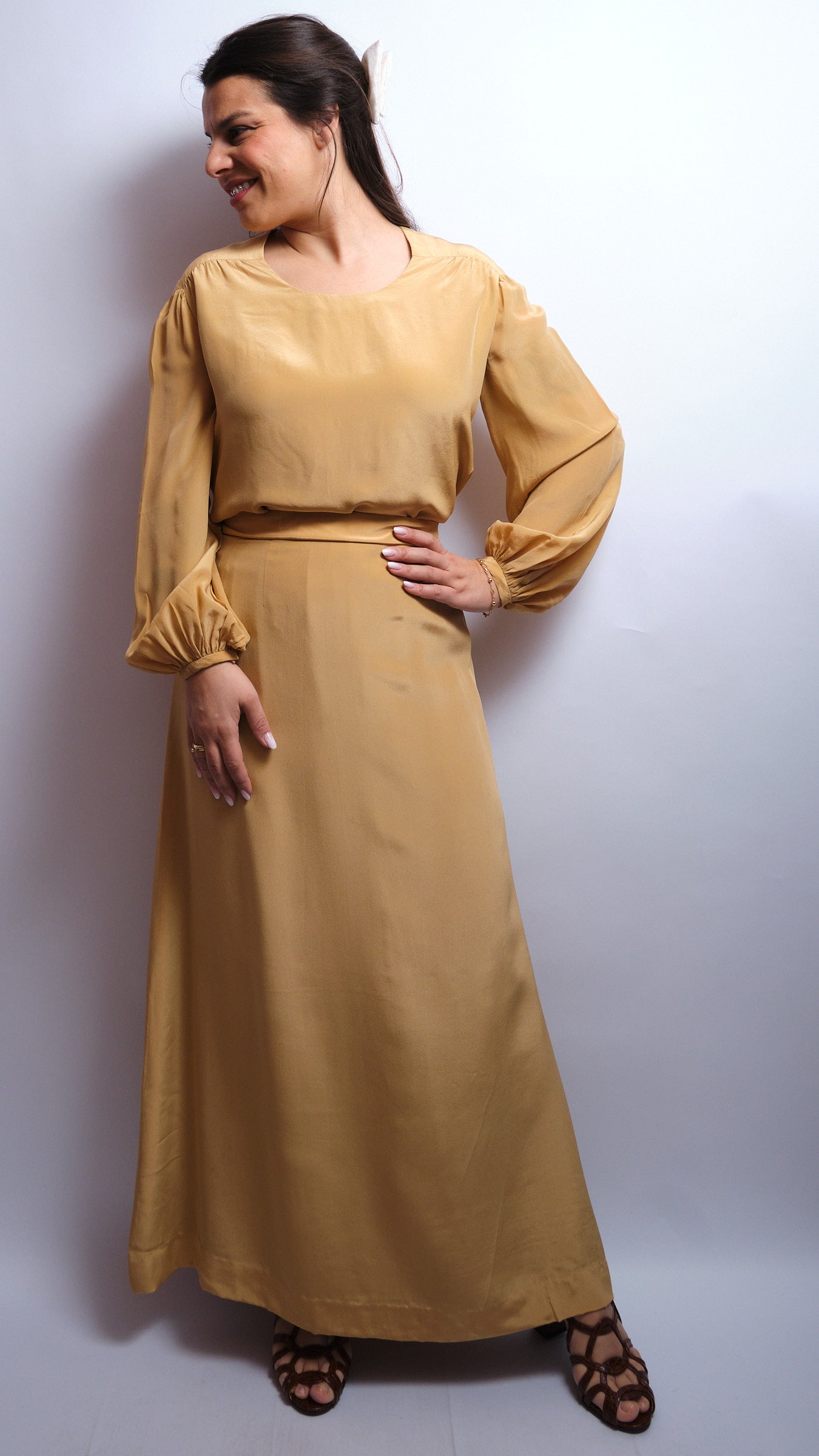Ensemble vintage en soie sur mesure – 3 pièces, années 60