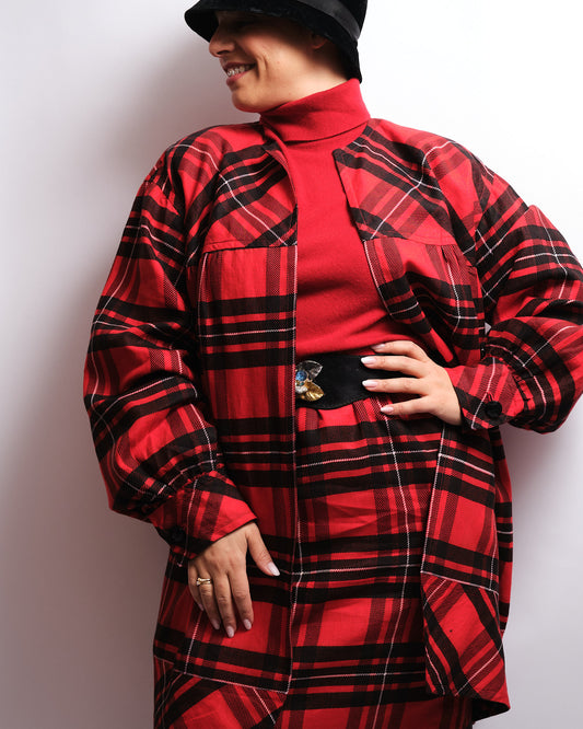 Tailleur jupe vintage tartan rouge – fait main, années 80 / 90