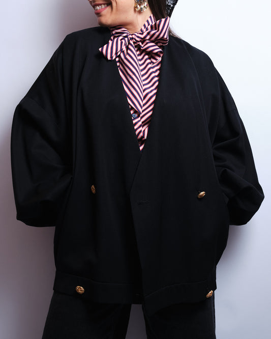 Veste vintage 80s en laine fine – pièce couture faite main, noir profond