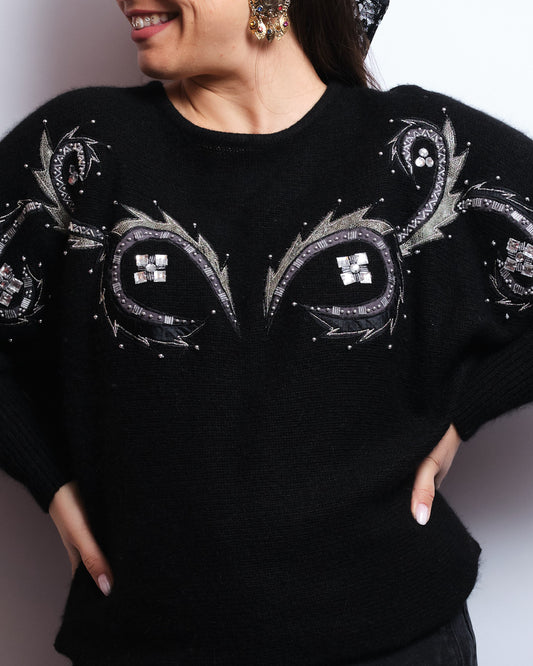 Pull vintage noir en laine – broderies & strass, allure précieuse