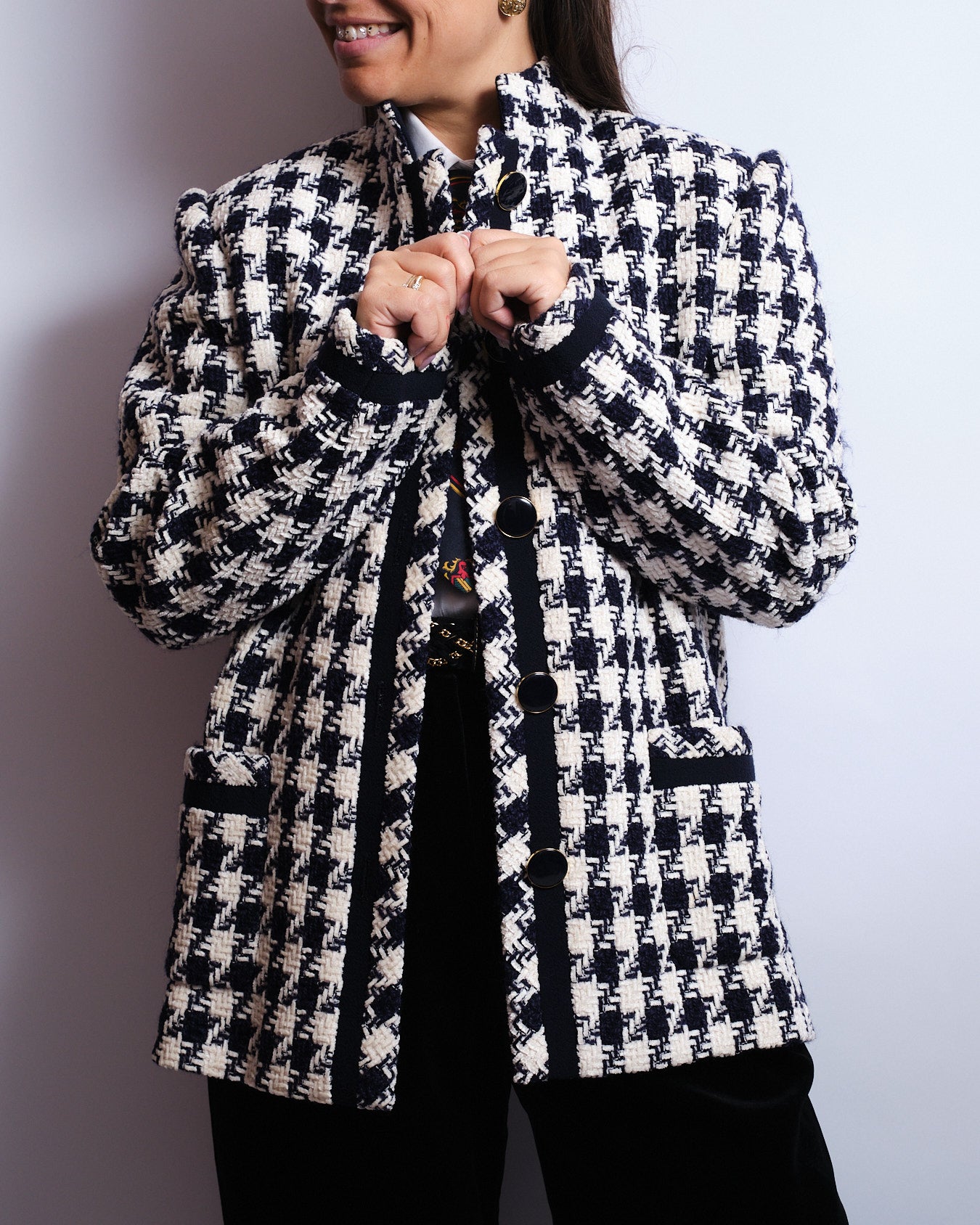Veste en tweed pied-de-poule bleu marine & écru – Boutons dorés – Années 80