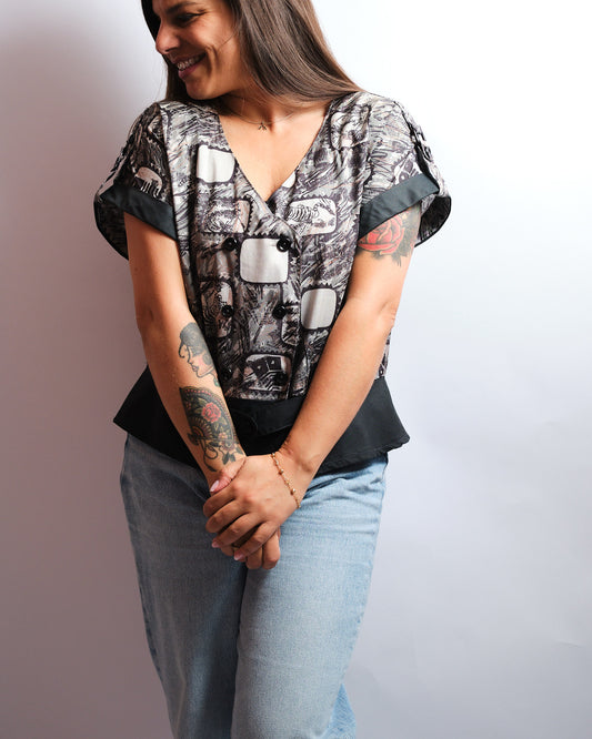 Top vintage années 90 — esprit arty monochrome fait main