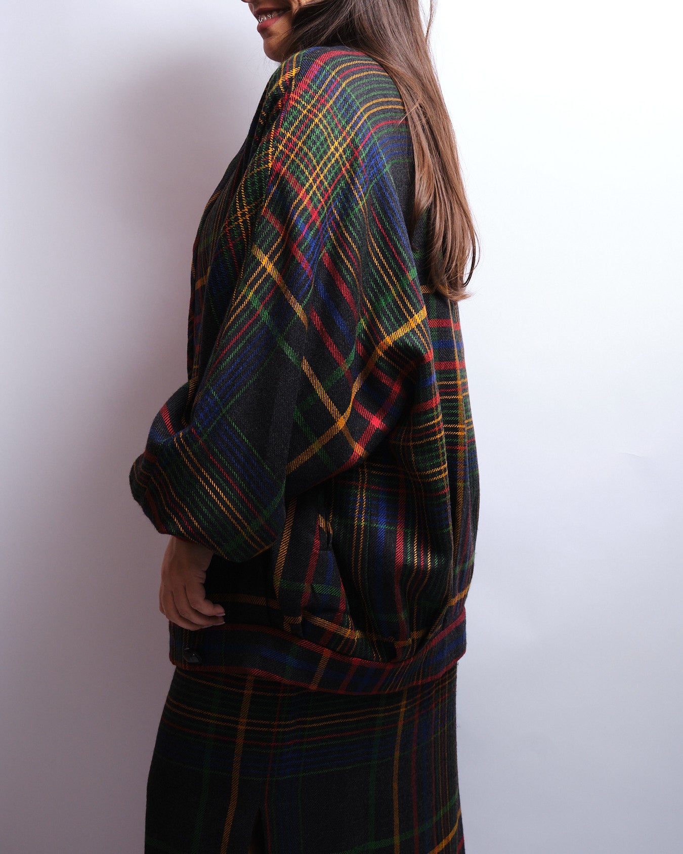 Tailleur jupe vintage tartan multicolore – laine fine, fait main, années 80 / 90