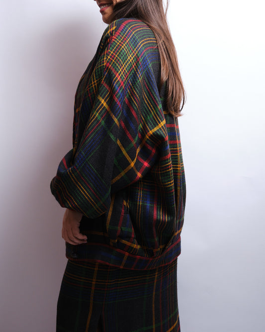 Tailleur jupe vintage tartan multicolore – laine fine, fait main, années 80 / 90
