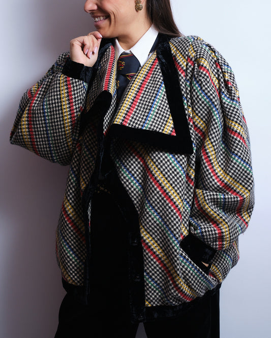 Manteau oversize à motif multicolore – Velours noir – Création artisanale des années 80
