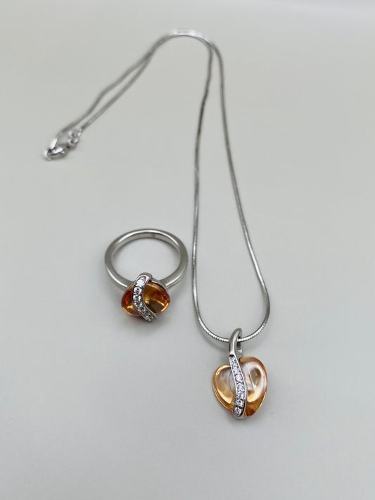 Ensemble bague & collier vintage – Argent 925 et pierre synthétique ambrée