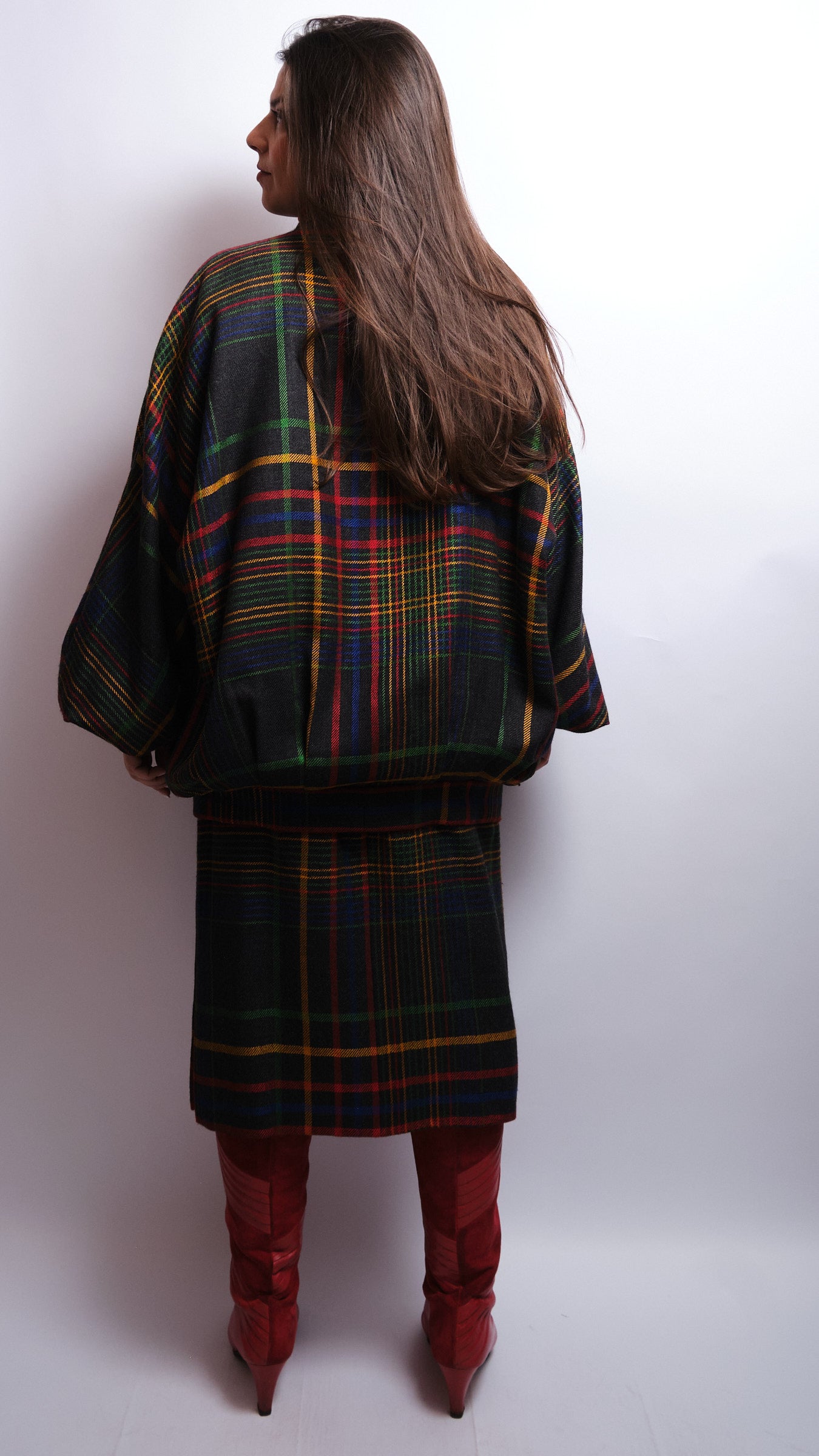Tailleur jupe vintage tartan multicolore – laine fine, fait main, années 80 / 90