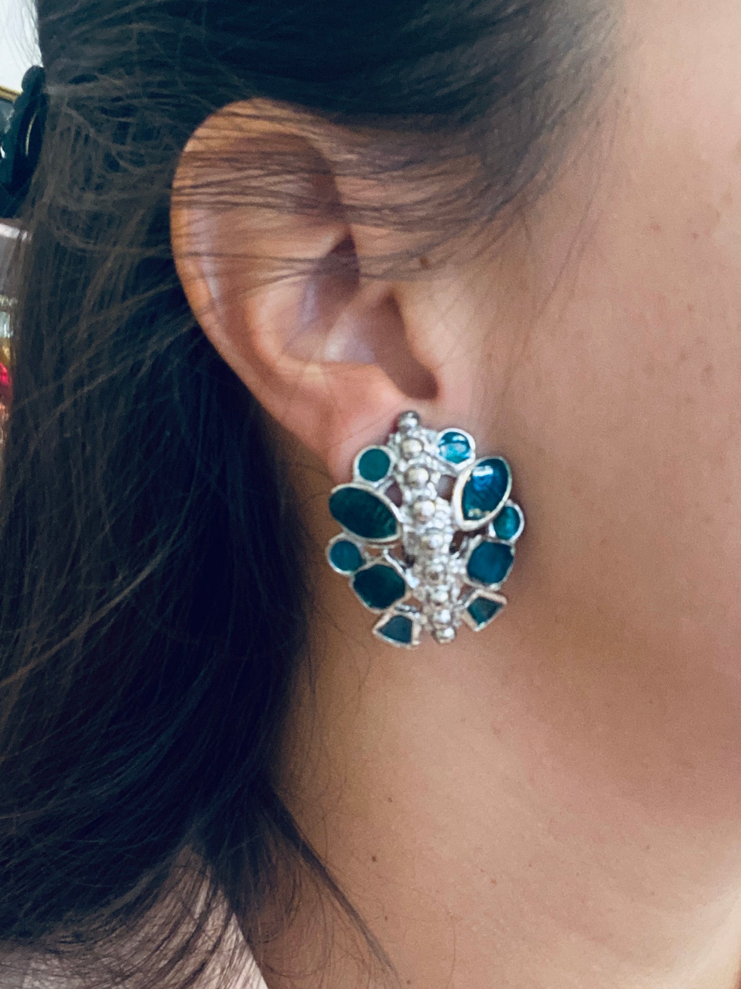 Clips Vintage argentés et verts, style mosaïque