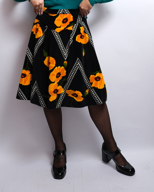 Jupe Vintage Années 60 – Velours Épais Fait Main – Motif Fleurs Jaunes