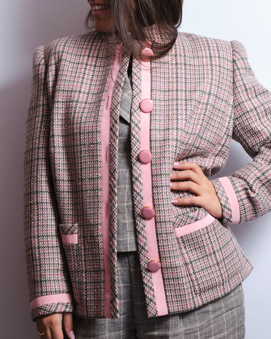 Veste en laine pied-de-poule rose – Détails satinés – Années 80