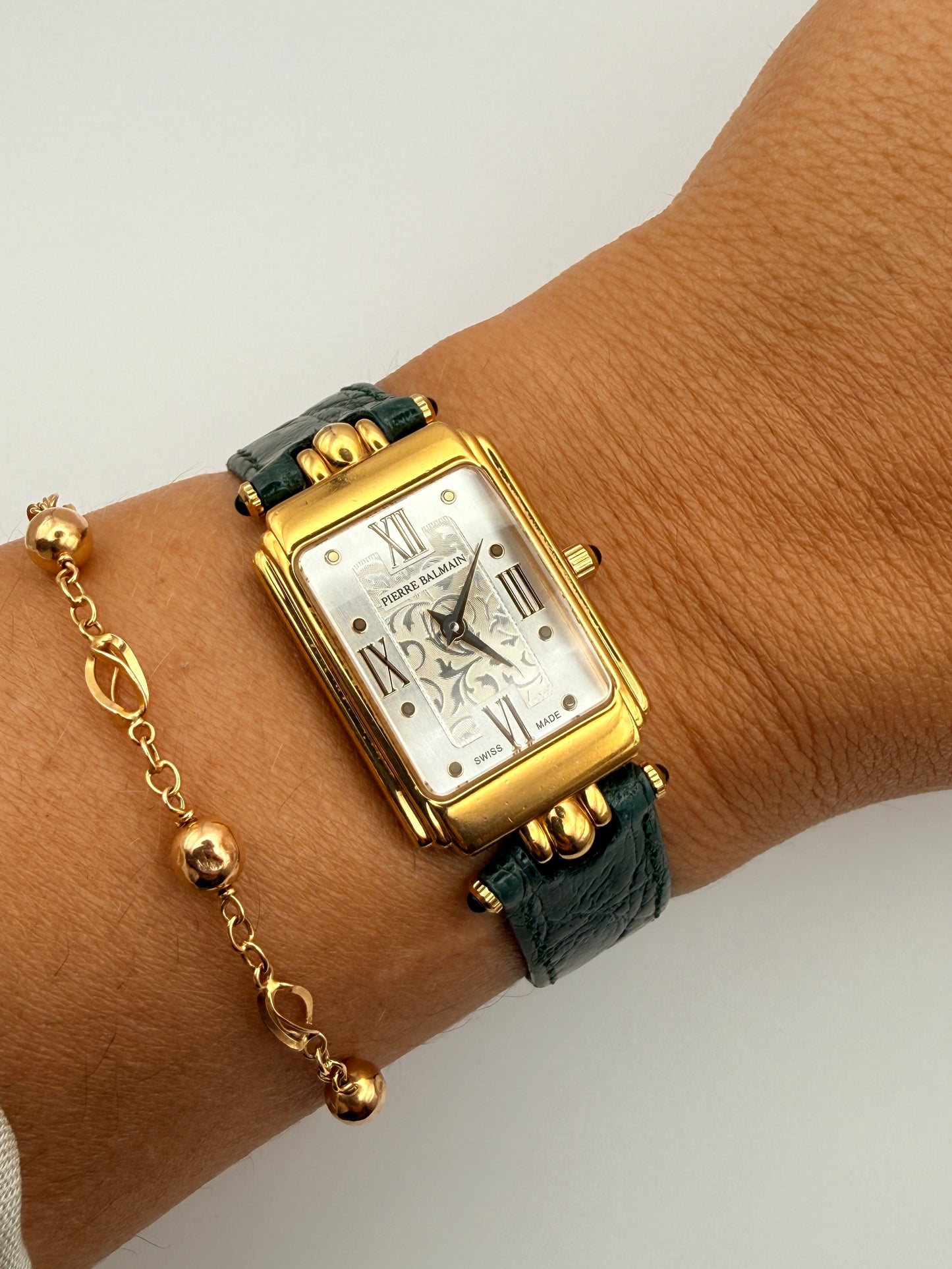 Montre vintage Pierre Balmain Swiss Made – cadran Art déco et bracelet façon crocodile vert