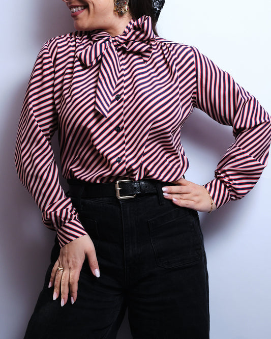 Chemisier vintage à rayures 70s– lavallière, esprit rétro chic