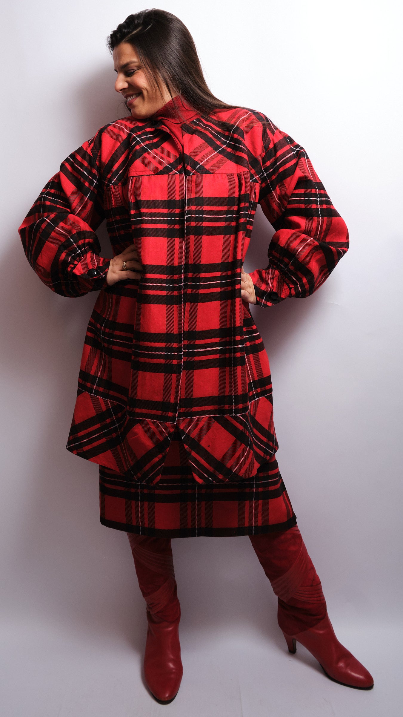 Tailleur jupe vintage tartan rouge – fait main, années 80 / 90