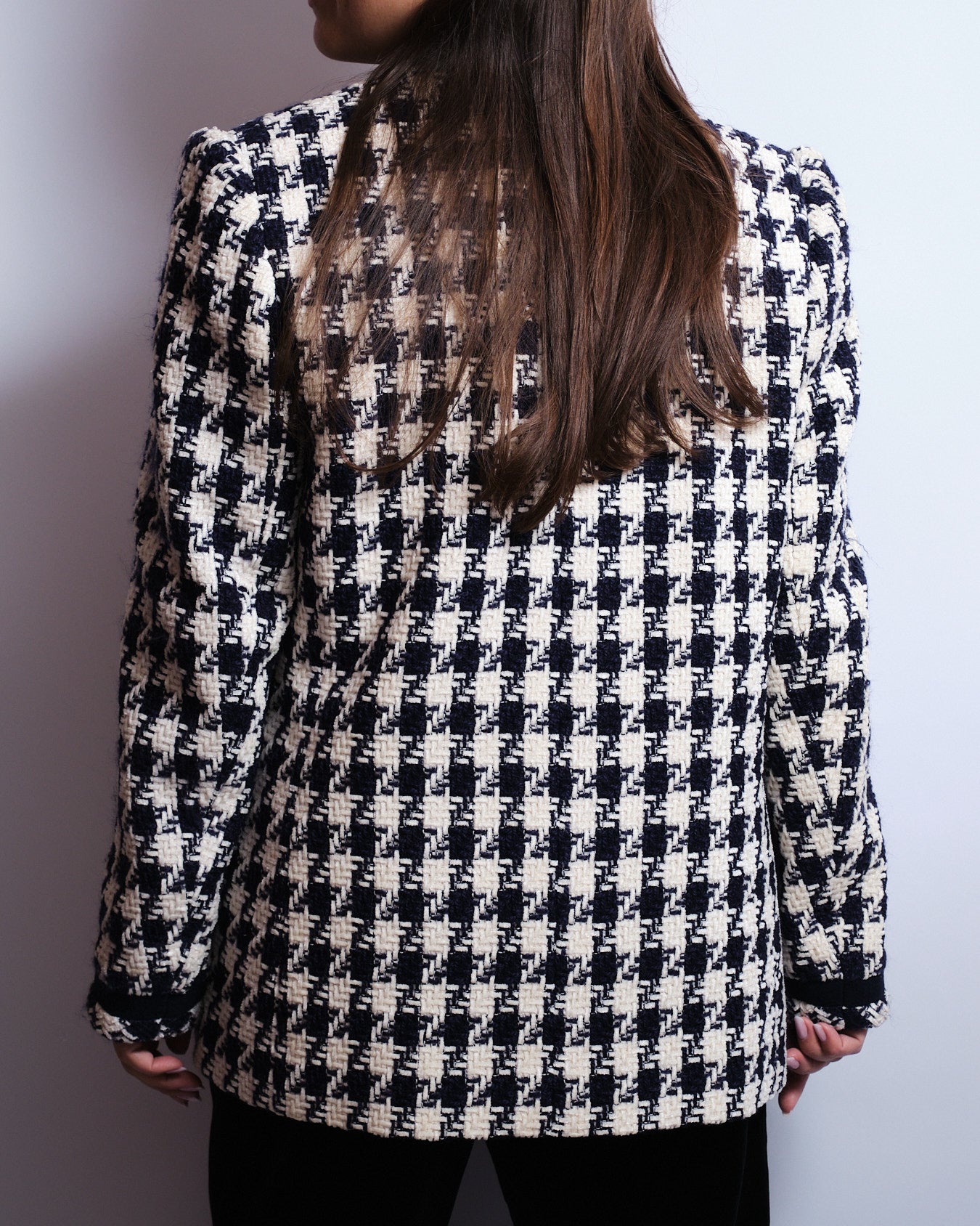 Veste en tweed pied-de-poule bleu marine & écru – Boutons dorés – Années 80